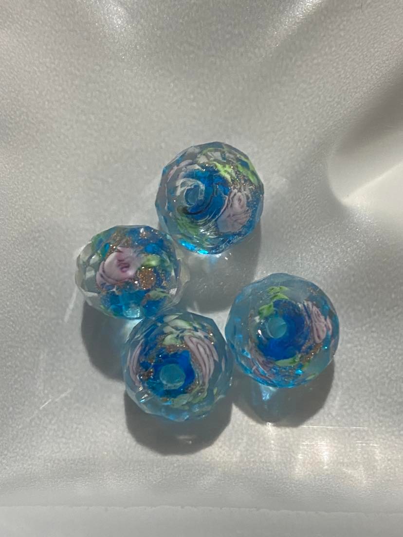 Beads Murano Lampwork 10mm Rondelle Facet Blue Flower v.1 Every Sewer Needs Australia