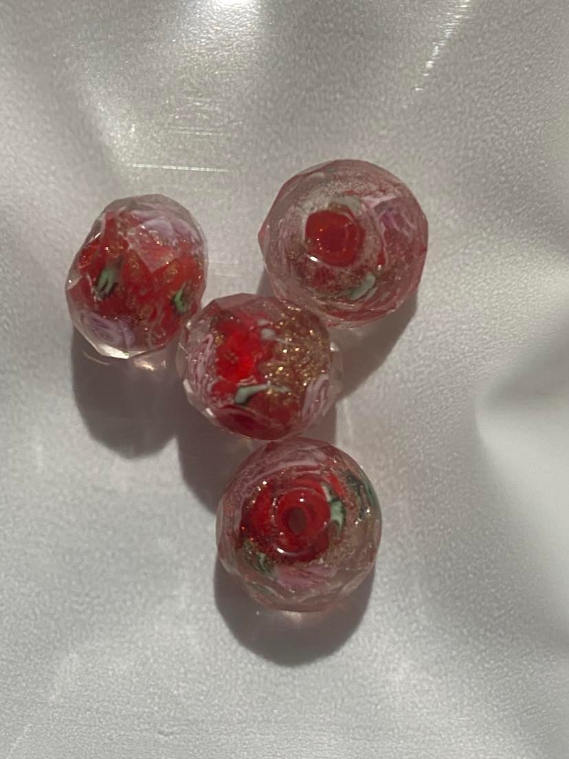 Beads Murano Lampwork 10mm Rondelle Facet Red Flower v.1 Every Sewer Needs Australia